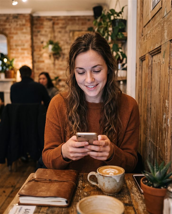 Person checking GWIA on their phone at a coffee shop