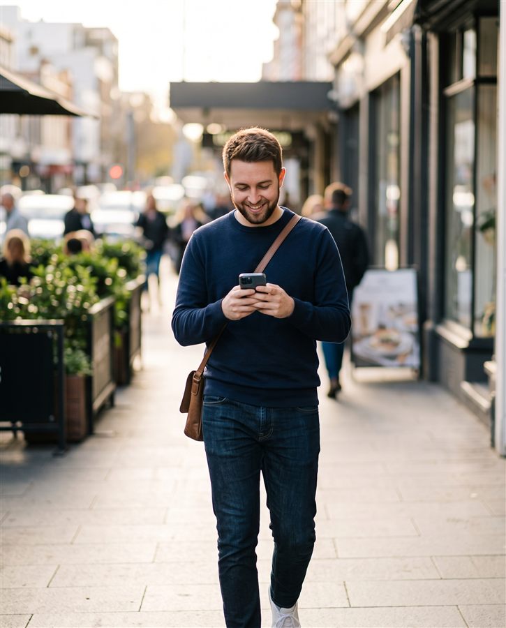 Person checking GWIA on their phone while walking